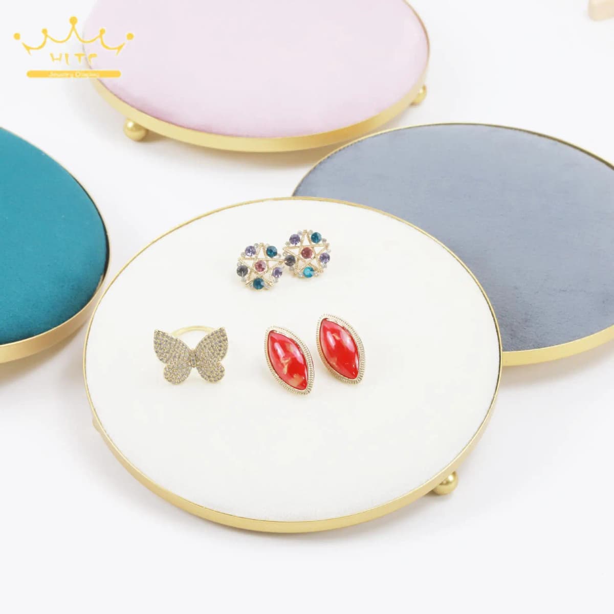 Round Velvet Tray with Metal Frame Rings Earrings Necklace Display Organizer Window Counter Decoration Chain Bracelet Storage