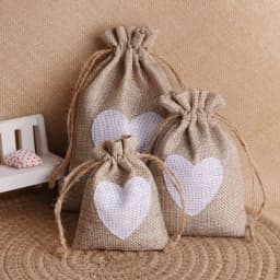 5pcs 8x10 10x14 13x18cm Heart Shape Print Linen Drawstring bags Small Jewelry Pouches Wedding Cotton Burlap Packaging Gift Bag
