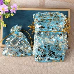 50pcs/lot Organza Drawstring Bag Colorful Hot Gold Color Rose Print Gifts Pouches Wedding Christmas Party Candy Jewelry Packing