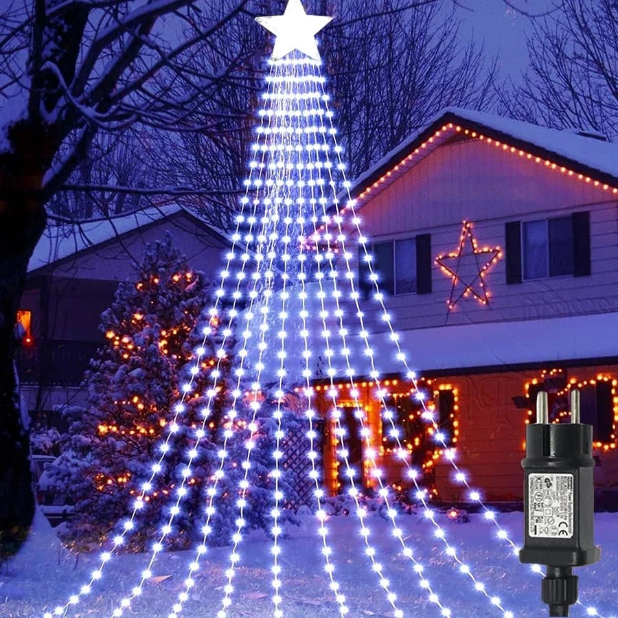 9X3M 288LED Outdoor Christmas Waterfall Star String Light Lighted Waterfall Tree Hanging String Light Topper Star Fairy Light