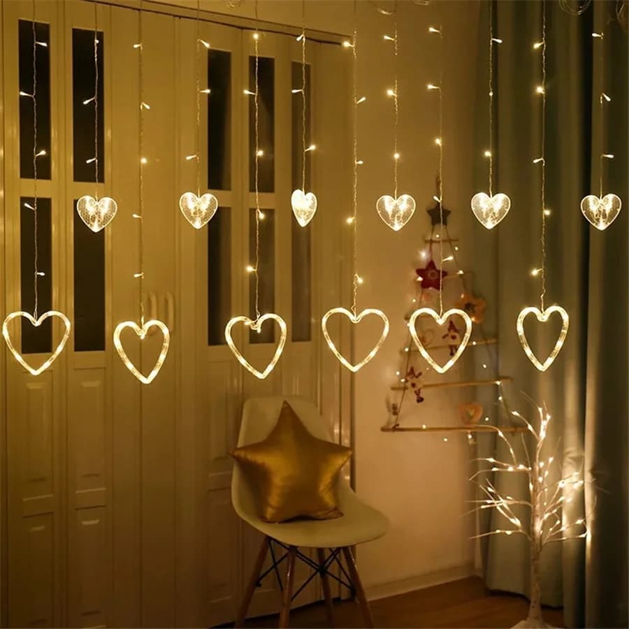 LED Romantic Heart Shaped Curtain String Lights 8 Modes Christmas Fairy Lights Garland for Home Garden Wedding Party Decoration