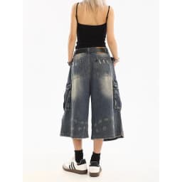 American Style Women Vintage Washed Workwear Denim Shorts Multiple Pockets Pleated Design Loose Drapey Seven-Foot Pants