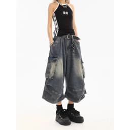 American Style Women Vintage Washed Workwear Denim Shorts Multiple Pockets Pleated Design Loose Drapey Seven-Foot Pants