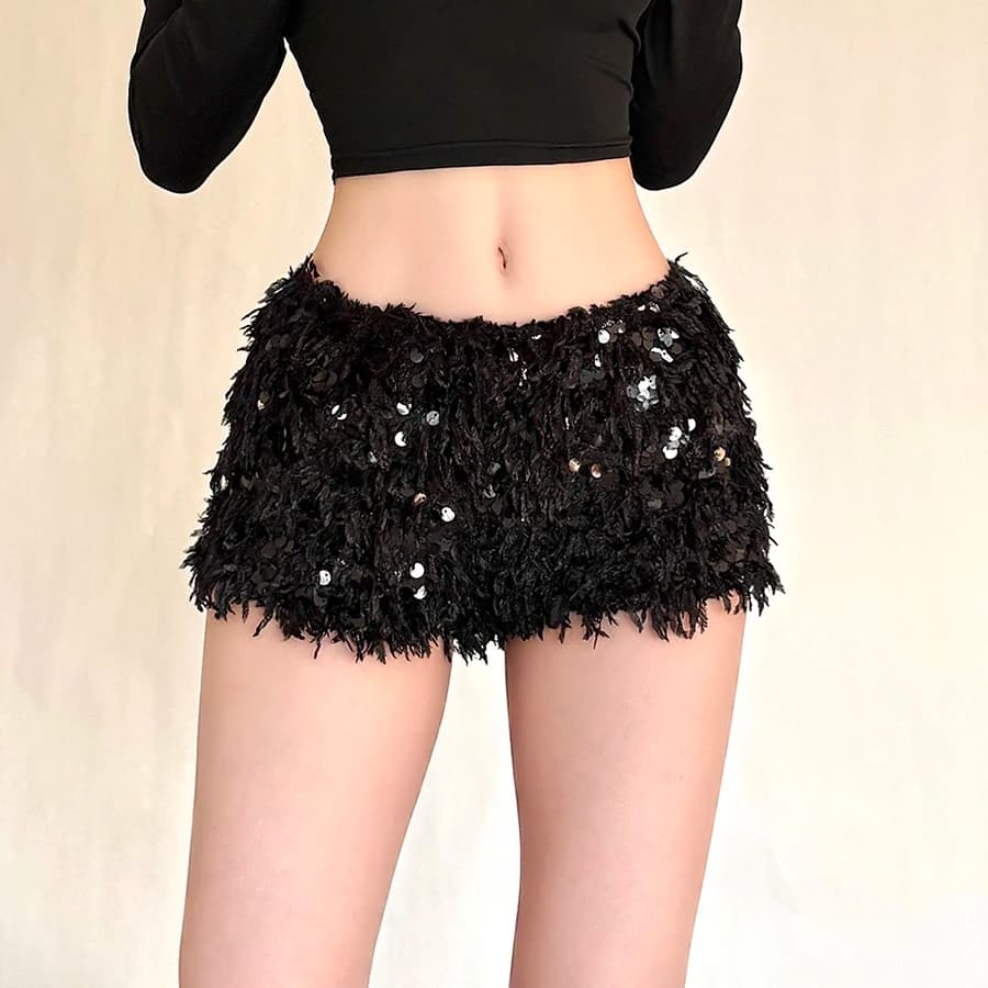 SylCue Furry Tassel Mini Shorts Woman 2026 New Style Sequin Patchwork Elastic Waist Sweet Girls Street Fashion Elegant Bottoms