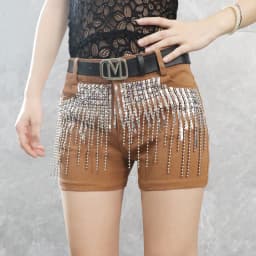 Afashion Korean Style Sequin Tassel Women's Shorts Cotton Stretch Denim Slimming High Waist Straight Leg Jeans Outerwear Hot Pan