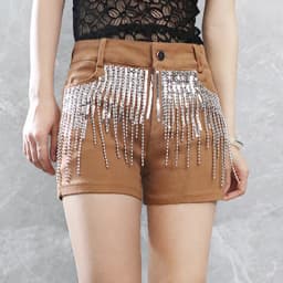 Afashion Korean Style Sequin Tassel Women's Shorts Cotton Stretch Denim Slimming High Waist Straight Leg Jeans Outerwear Hot Pan