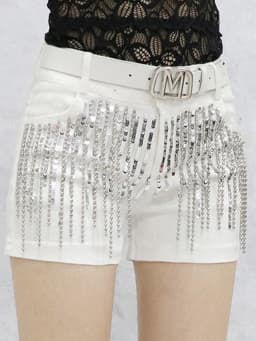 Afashion Korean Style Sequin Tassel Women's Shorts Cotton Stretch Denim Slimming High Waist Straight Leg Jeans Outerwear Hot Pan