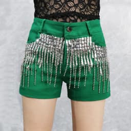 Afashion Korean Style Sequin Tassel Women's Shorts Cotton Stretch Denim Slimming High Waist Straight Leg Jeans Outerwear Hot Pan