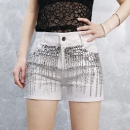 Afashion Korean Style Sequin Tassel Women's Shorts Cotton Stretch Denim Slimming High Waist Straight Leg Jeans Outerwear Hot Pan