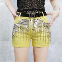 Afashion Korean Style Sequin Tassel Women's Shorts Cotton Stretch Denim Slimming High Waist Straight Leg Jeans Outerwear Hot Pan