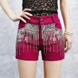 Afashion Korean Style Sequin Tassel Women's Shorts Cotton Stretch Denim Slimming High Waist Straight Leg Jeans Outerwear Hot Pan
