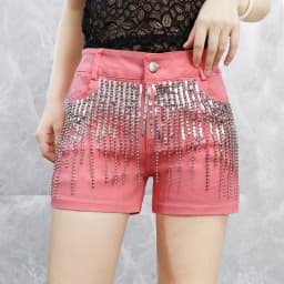 Afashion Korean Style Sequin Tassel Women's Shorts Cotton Stretch Denim Slimming High Waist Straight Leg Jeans Outerwear Hot Pan