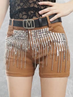 Afashion Korean Style Sequin Tassel Women's Shorts Cotton Stretch Denim Slimming High Waist Straight Leg Jeans Outerwear Hot Pan