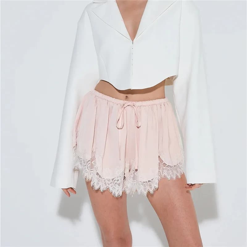 Sexy Women's Mini Shorts Lace Patchwork Drawstring Elastic Waist Casual Summer Loose Lounge Shorts Fashion Streetwear