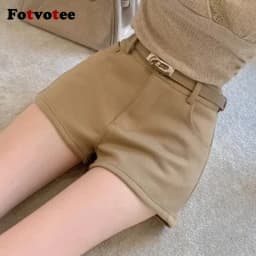 FOTVOTEE Fashion High Waisted Shorts Women Casual Solid Slim Short Pants with Belt 2025 New Retro All Match Simple Female Shorts