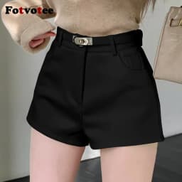 FOTVOTEE Fashion High Waisted Shorts Women Casual Solid Slim Short Pants with Belt 2025 New Retro All Match Simple Female Shorts