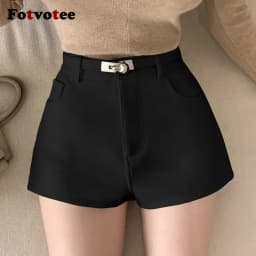FOTVOTEE Fashion High Waisted Shorts Women Casual Solid Slim Short Pants with Belt 2025 New Retro All Match Simple Female Shorts