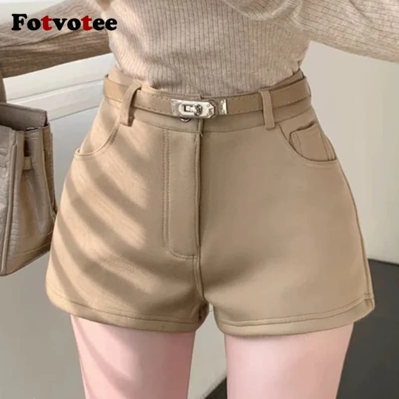 FOTVOTEE Fashion High Waisted Shorts Women Casual Solid Slim Short Pants with Belt 2025 New Retro All Match Simple Female Shorts