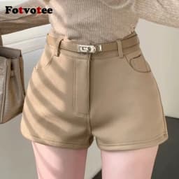 FOTVOTEE Fashion High Waisted Shorts Women Casual Solid Slim Short Pants with Belt 2025 New Retro All Match Simple Female Shorts