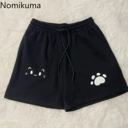 Women Summer Casual Shorts High Waist Black Y2k Kawaii Sweet Cat Print Wide Leg Pants Chic Japanese Pantalones Cortos De Mujer