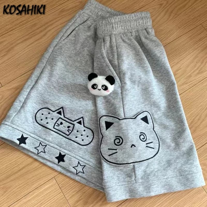 Summer Shorts for Women Cartoon Patchwork Elastic Waist Wide Leg Pants Japanese Casual Pantalones Cortos De Mujer 2026 Bottoms