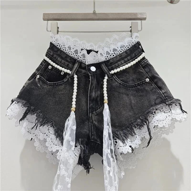 2026 Summer Denim Shorts New Splicing Hook Flower Lace Lace with Waist Rope Tassel Denim Shorts Women's Hot Pants Trend