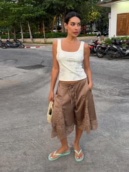 Lace Patchwork Shorts Women's Satin Pants Trim Bermuda Trousers High-Waisted Drawstring Loose Casual Wide-Leg Summer Wear