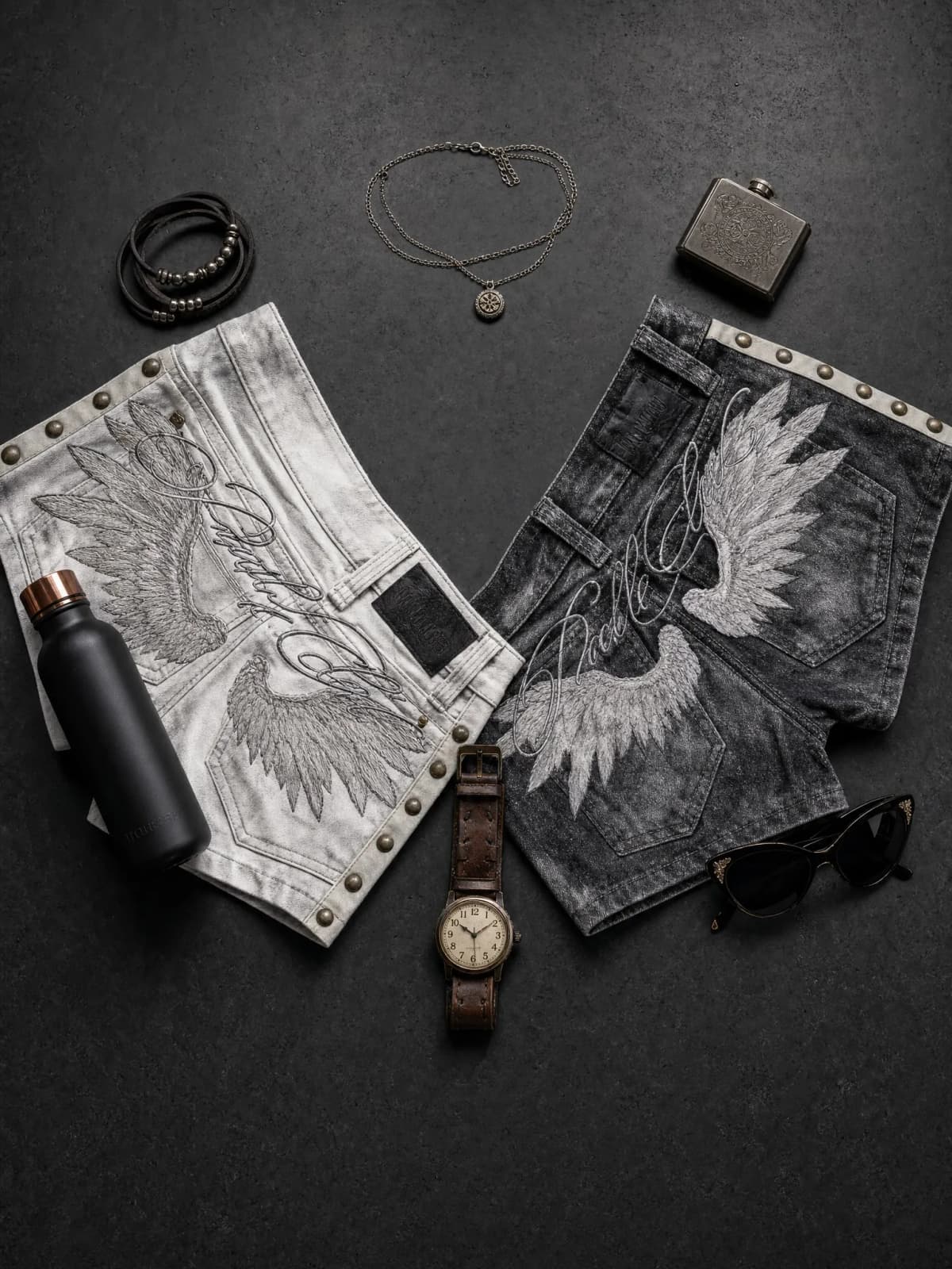 Angel Wings Embroidered Back Shorts Women White Black Acid Wash Side Studs Rivets Lettering Low Rise Distressed Y2K Streetwear