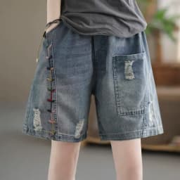 Vintage Jeans Shorts Women Summer Floral Embroidery Elastic High Waist Denim Shorts Design Wide Leg Trousers Blue Black Shorts