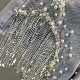 Women High-Waisted Rhinestone Pearl Fringe Denim Shorts Light Wash Distressed Design with Sparkly Tassel Trim Shorts