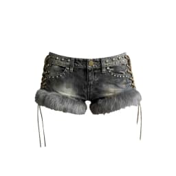 Y2k Spice Girl Washed Retro Fluff Splicing Rivet Denim Shorts Women's Low Waist Wide Leg Hot Pants