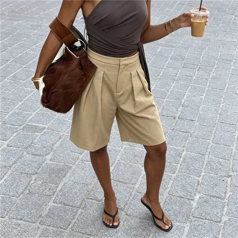 Retro Pleated Knee Length Suit Shorts Ladies High Rise Zipper Fly Side Pocket Loose Fit Daily Streetwear Bermudas