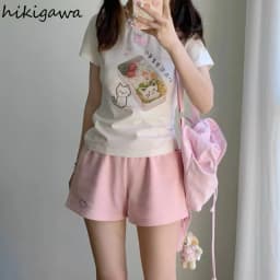 Cat Embroidery Shorts Women's Cute Japanese Summer Sweet Wide Leg Pants Pantalones Cortos De Mujer Casual Fashion Short Mujer