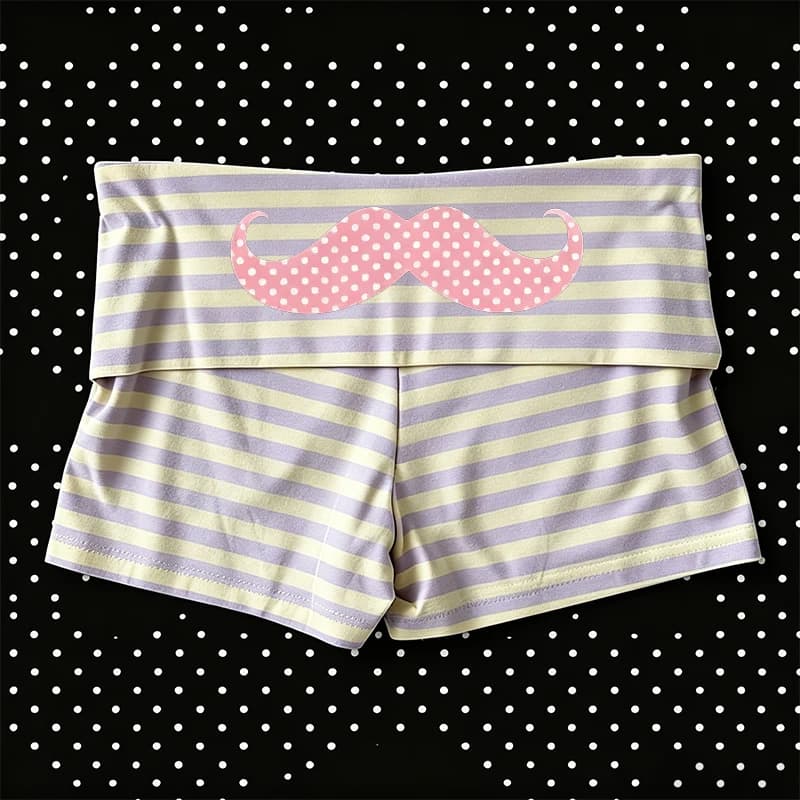 Y2K Pastel Striped Fold Over Boyshort Shorts with Cute Polk Mustache Print High Waist Casual Summer Beach Underwear for Women's
