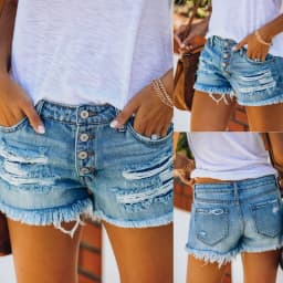 2024 Summer New Denim Shorts Women Fashion Trendy Hole Tassel Solid Color Single-breasted Short Female Hot Pants Streetwear