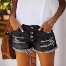 2024 Summer New Denim Shorts Women Fashion Trendy Hole Tassel Solid Color Single-breasted Short Female Hot Pants Streetwear