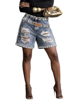 SHENGPALAE Women Denim Shorts High Waist Ripped Rhinestone Decor Casual Fashion Streetwear Summer 2026 New 05E03074