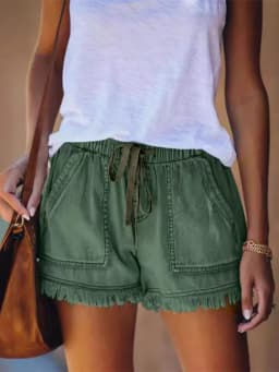 Women’s Denim Shorts Drawstring Elastic Waist Frayed Hem Short Pants Summer Casual Loose Jeans with Pockets