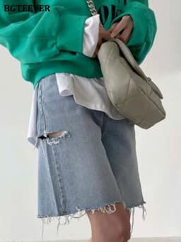 BGTEEVER Spring Summer Loose Ripped Holes Ladies Wide Leg Jeans Shorts High Waist Pockets Straight Women Denim Shorts 2022