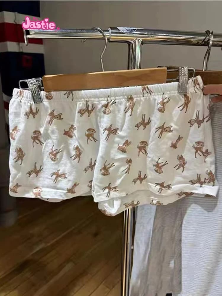 Deer Print Cute Three Button Home Sports Shorts Elastic Waist Chic Women Summer Shorts Fashion Casual Sleepwear Trouser Y2K 2024