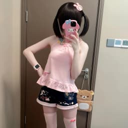 Original Japanese Sweet Girls Cartoon Embroidered Denim Shorts Summer New Daughter Clothing Y2k Shorts Short Sleeve T-shirt