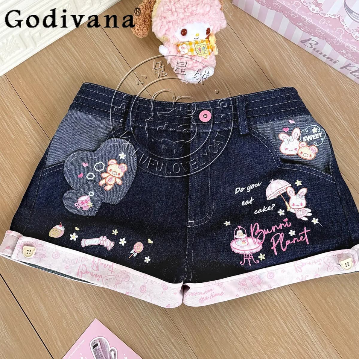 Original Japanese Sweet Girls Cartoon Embroidered Denim Shorts Summer New Daughter Clothing Y2k Shorts Short Sleeve T-shirt