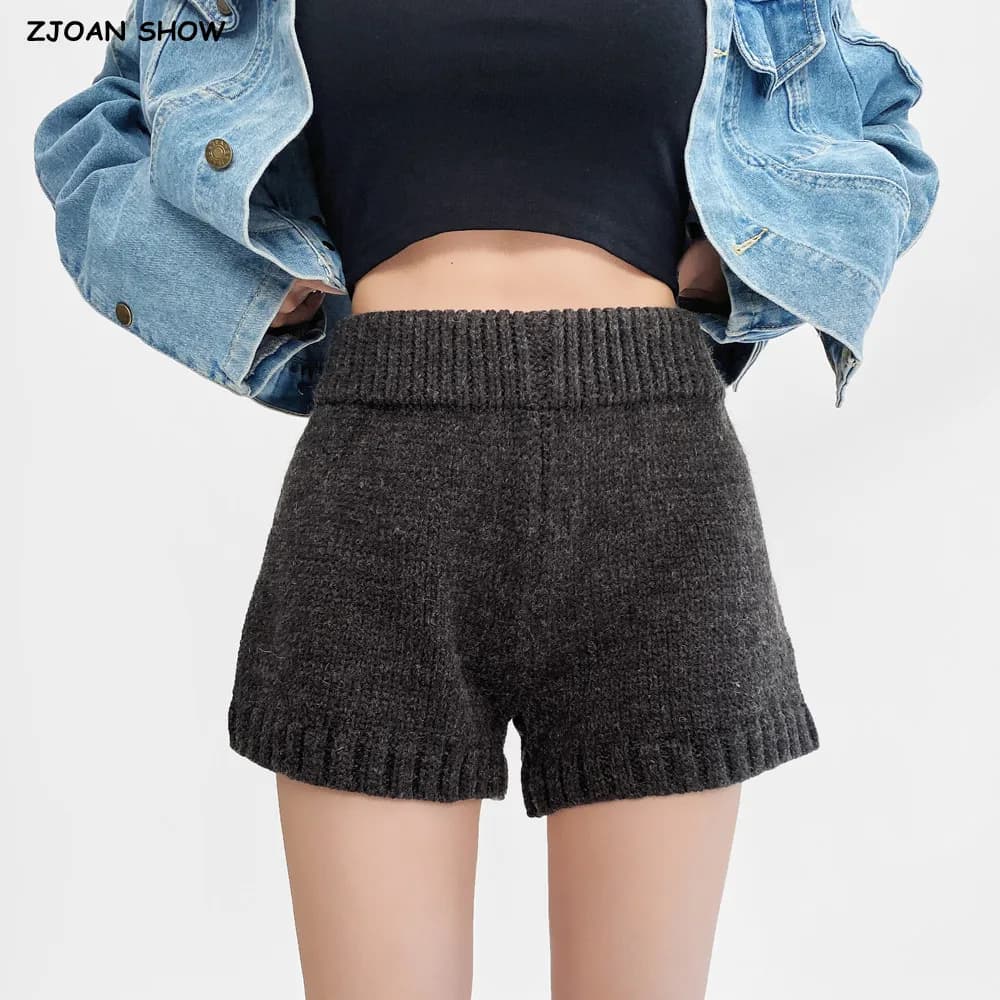 Spring Women Straight Knitting Shorts Girl's Elastic Middle Waist Short Pants Dark Gray Light Gray