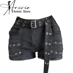 Women Black Gothic Denim Shorts Y2k Jeans Short Pants Harajuku Aesthetic Vintage Cowboy Shorts 2000s Trashy Clothes Summer 2024