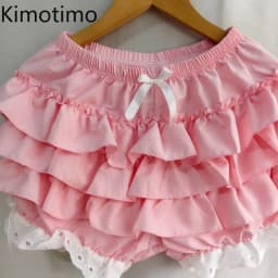 Kimotimo Pink Lolita Cake Mini Shorts Women 2025 Summer Elastic Waist Tierred Ruffle Spliced Lace Short Pants Sweet Y2k Clothes