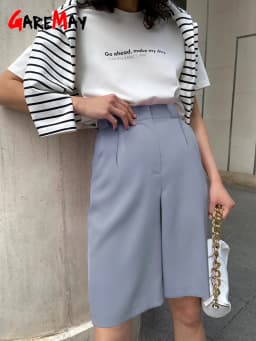 Women's Summer Shorts 2025 Long with High Waist Female Loose White Classic Knee-Length Office Wide Women's Shorts Black Candy