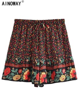 Vintage Chic Women Wild Floral Print Happie Summer Bohemian Short Ladies Beach Large Size High Waist Rayon Boho Shorts