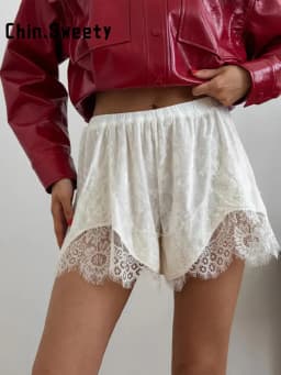 Chic Women's Velvet Lace Patchwork Shorts Loose Hollow Out Elastic Waist Female Short Pant 2026 Summer Lady All-match Pants New