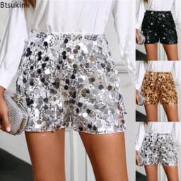 New 2026 Summer Women's Silver Sequin Shorts High Waist Mini Ladies Fashion Shiny Glitter Elegant Pant for Women Y2K Trousers
