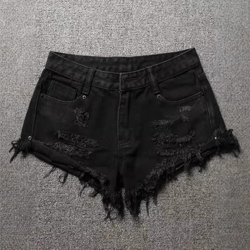 Black Denim Super Shorts Women Summer New Low-rise Ripped Shorts Crimped Sexy Hot Pants